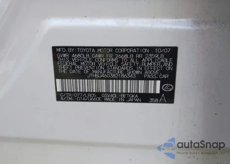 2008 Lexus Es 350 z USA, uszkodzony, nr VIN JTHBJ46G382186343